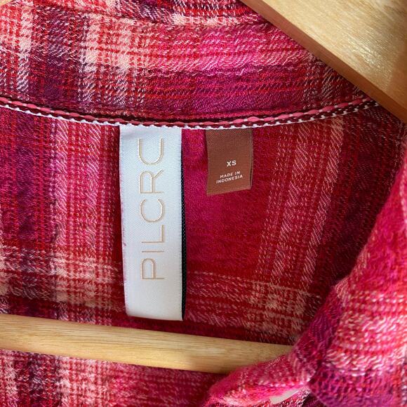 Pilcro Seamed Buttondown Size XS Pink Burgundy Plaid Tunic Top Blouse 70s Casual - Picture 9 of 13